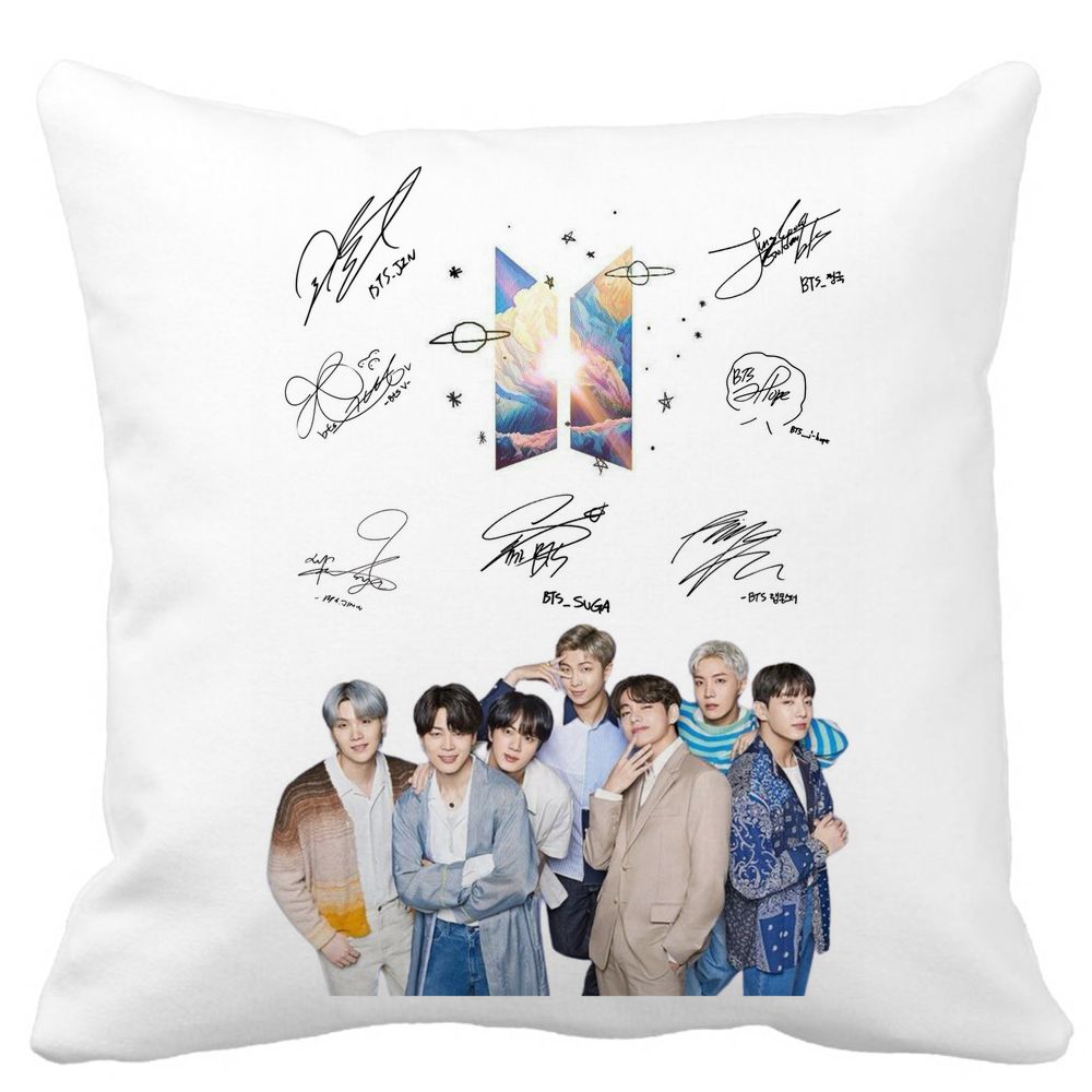 Perna Decorativa BTS Army cu Geci cu Semnaturi, 40x40 cm, Alba, Mata, Husa Detasabila, Burduf 3 Perna Decorativa BTS Army cu Geci cu Semnaturi