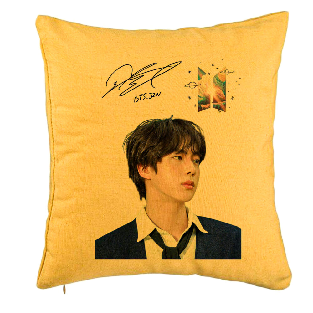 Perna Decorativa BTS Jin 3, 40x40 cm, Galben, Husa Detasabila, Burduf 5 Perna Decorativa BTS Jin 3