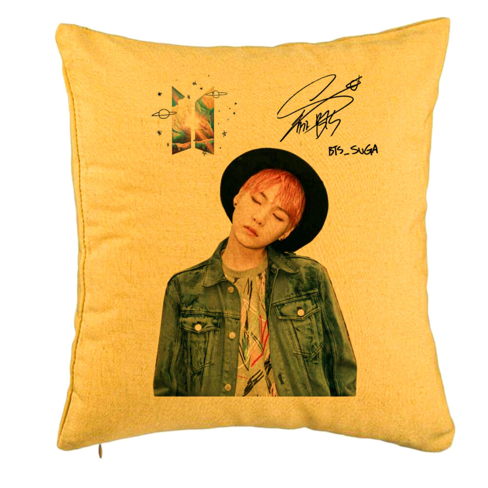 Perna Decorativa BTS Suga 2, 40x40 cm, Galben, Husa Detasabila, Burduf 5 Perna Decorativa BTS Suga 2
