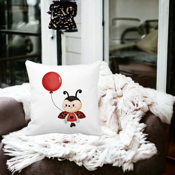 Perna Decorativa Buburuza cu Balon, 40x40 cm, Alba, Mata, Husa Detasabila, Burduf 15 Alba