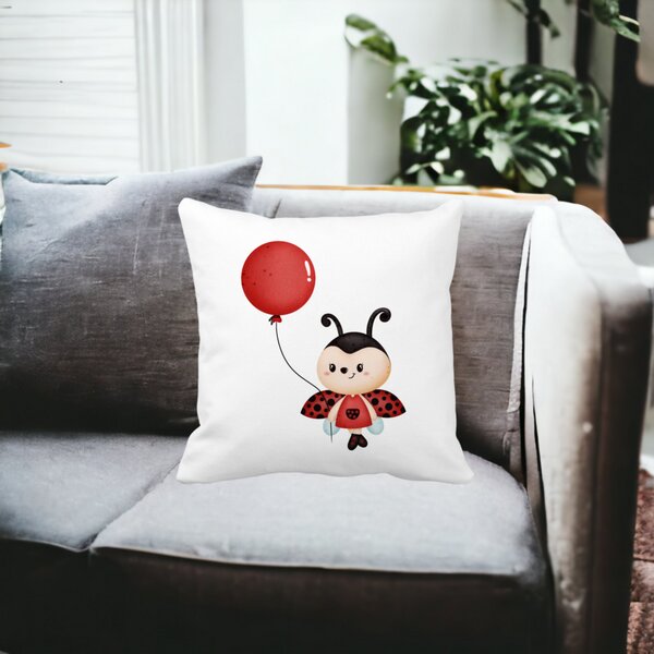 Perna Decorativa Buburuza cu Balon, 40x40 cm, Alba, Mata, Husa Detasabila, Burduf 18 Burduf