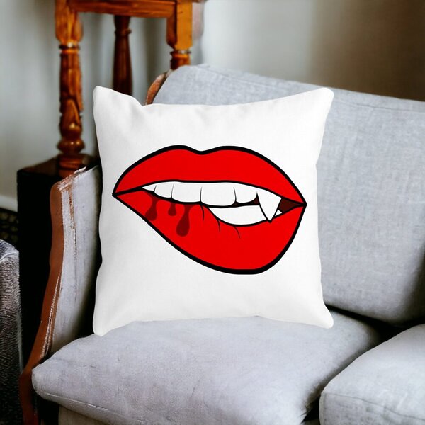 Perna Decorativa Buze Femeie si Dinte de Vampir, 40x40 cm, Alba, Mata, Husa Detasabila, Burduf 14 40x40 cm