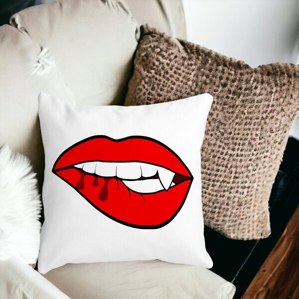 Perna Decorativa Buze Femeie si Dinte de Vampir, 40x40 cm, Alba, Mata, Husa Detasabila, Burduf 16 Mata