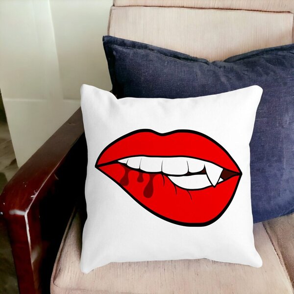Perna Decorativa Buze Femeie si Dinte de Vampir, 40x40 cm, Alba, Mata, Husa Detasabila, Burduf 17 Husa Detasabila