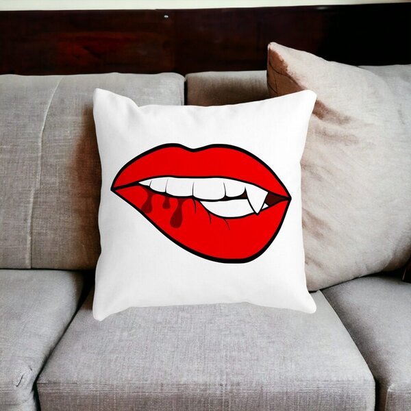 Perna Decorativa Buze Femeie si Dinte de Vampir, 40x40 cm, Alba, Mata, Husa Detasabila, Burduf 18 Burduf