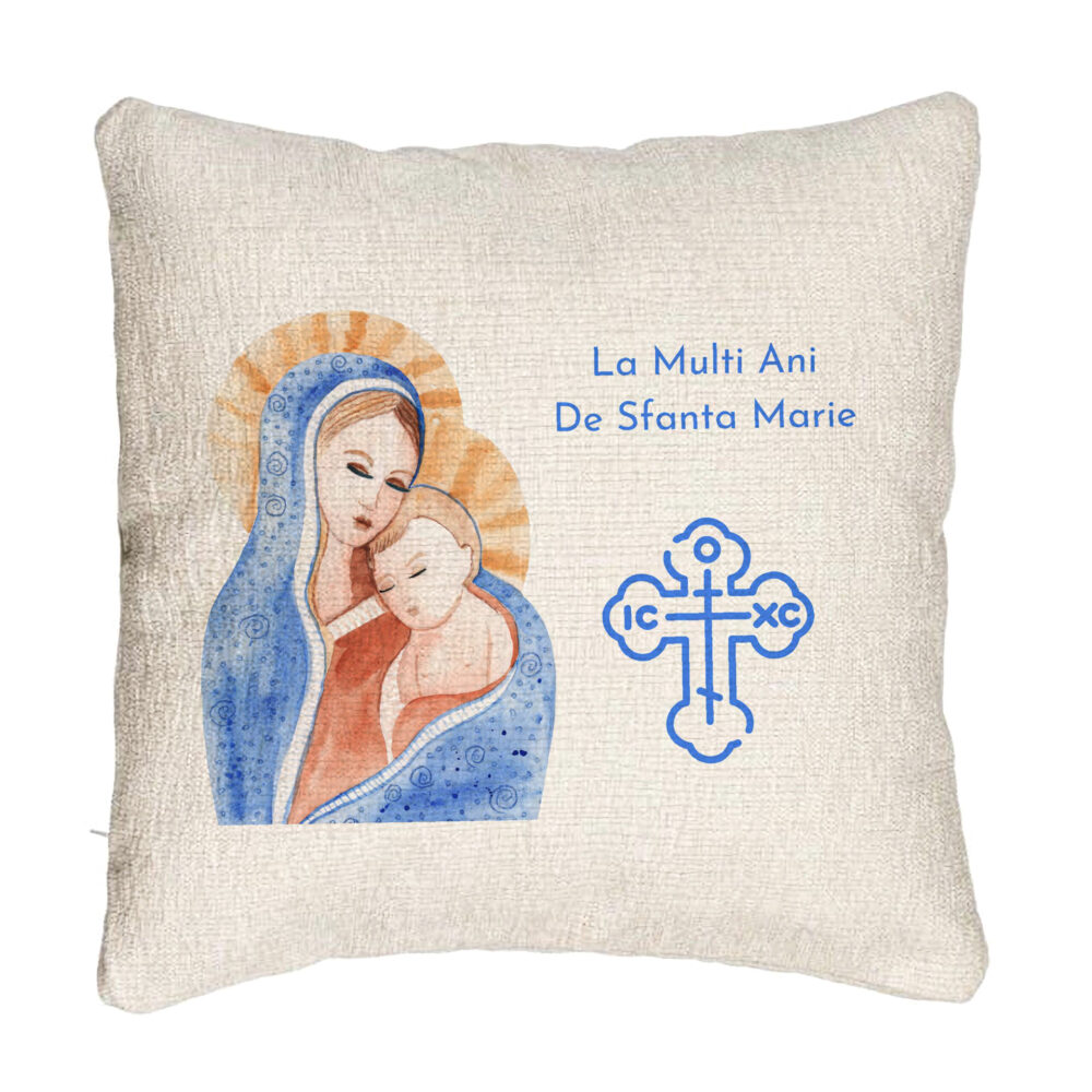 Perna Decorativa Canapea, Model La multi ani de Sfanta Maria, 40x40 cm, Cu fermoar 5 Perna Decorativa Canapea