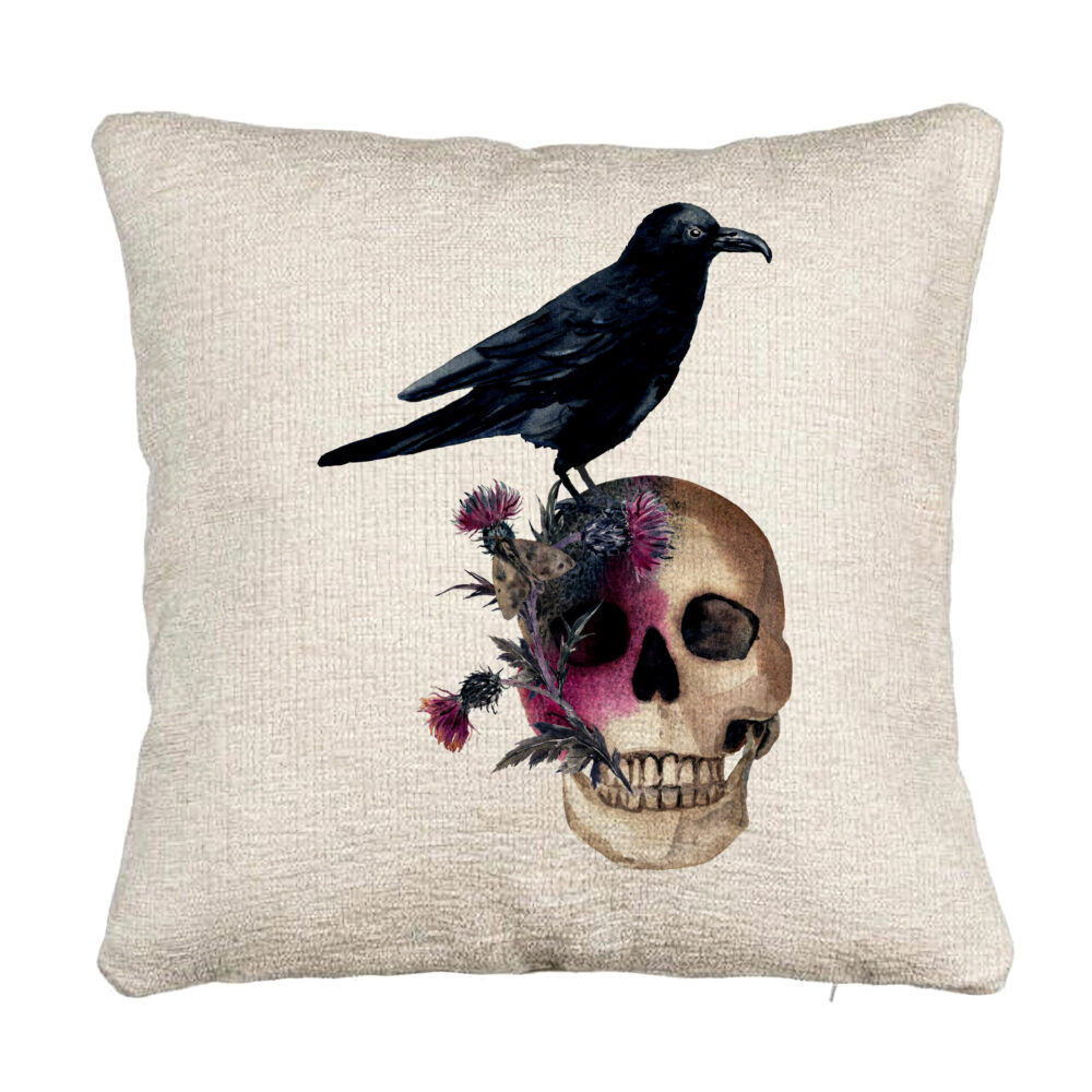 Perna Decorativa Canapea cu motiv Craniu si Cioara de Halloween, 40x40 cm, Cu fermoar 5 Perna Decorativa Canapea cu motiv Craniu si Cioara de Halloween