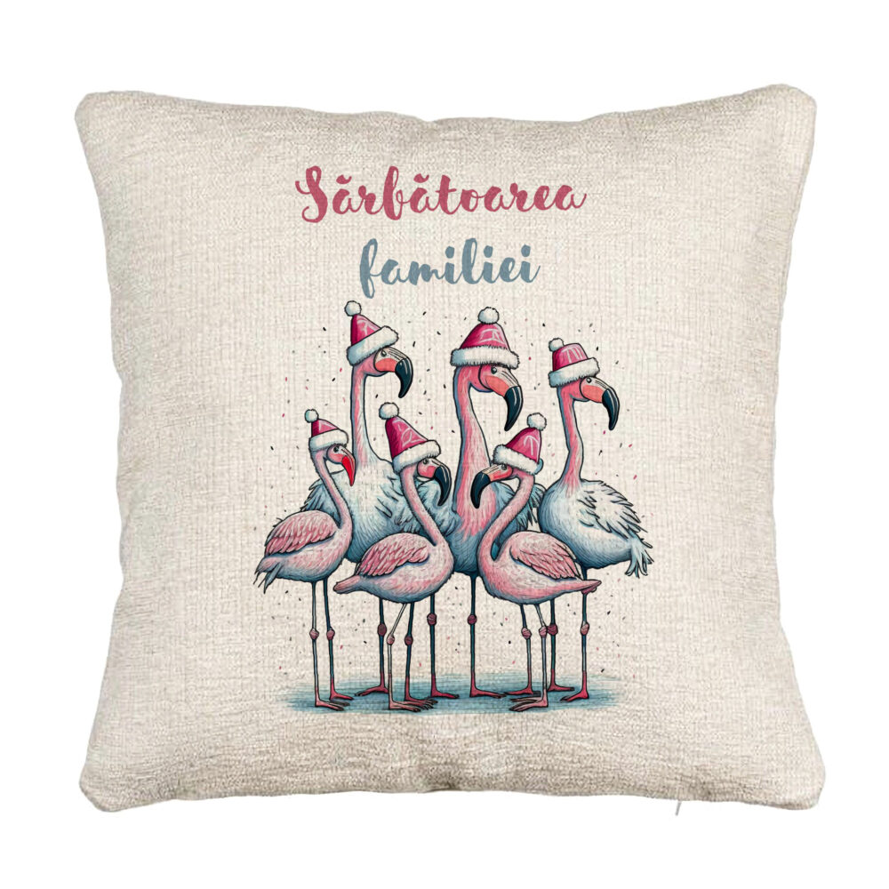 Perna Decorativa Canapea cu tematica de Craciun, Flamingo si Text 2, 40x40 cm, Cu fermoar 5 Perna Decorativa Canapea cu tematica de Craciun
