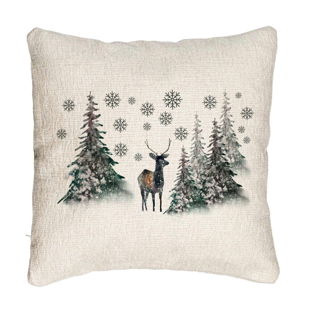 Perna Decorativa Canapea de Craciun, Peisaj Brazi si Cerb, 40x40 cm, Cu fermoar 5 Perna Decorativa Canapea de Craciun