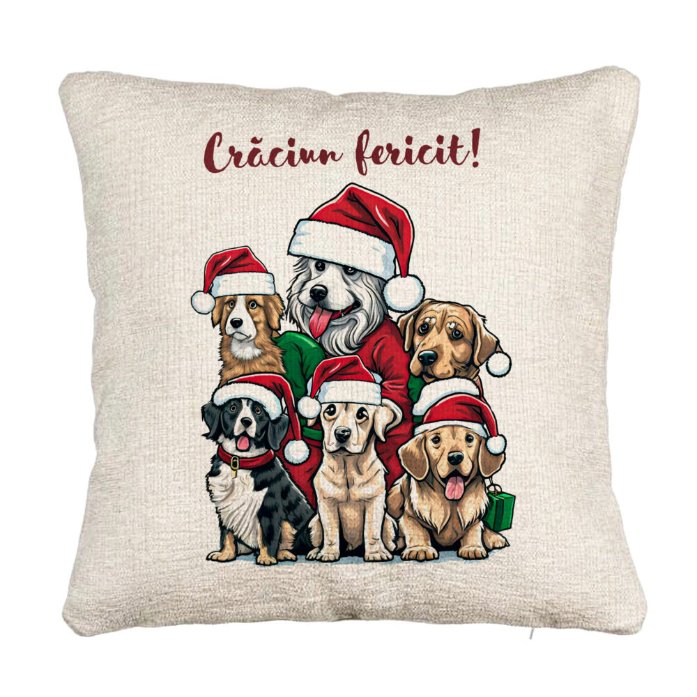 Perna Decorativa Canapea de Craciun cu Catelusi si Text, 40x40 cm, Cu fermoar 5 Perna Decorativa Canapea de Craciun cu Catelusi si Text