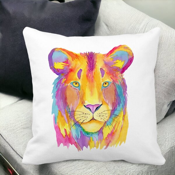 Perna Decorativa, Colorful Lion, 40x40 cm, Alba, Mata, Husa Detasabila, Burduf 12 Colorful Lion