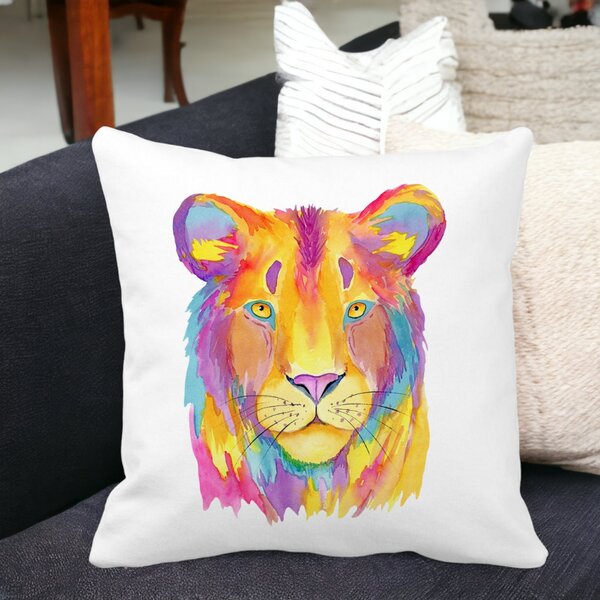 Perna Decorativa, Colorful Lion, 40x40 cm, Alba, Mata, Husa Detasabila, Burduf 15 Mata