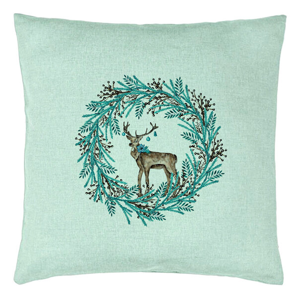 Perna Decorativa Coronita de Craciun si REN, 40x40 cm, Verde Menta, Husa Detasabila, Burduf 15 Perna Decorativa Coronita de Craciun si REN