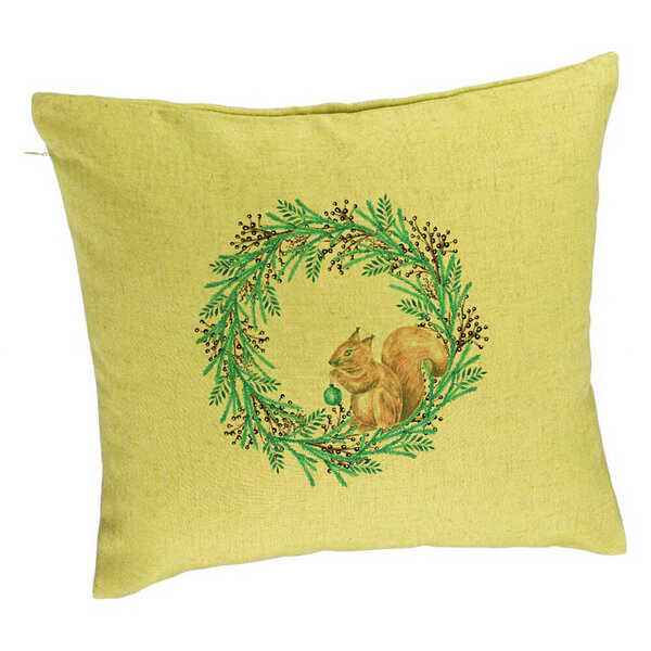 Perna Decorativa Coronita de Craciun si Veverita, 40x40 cm, Verde, Husa Detasabila, Burduf 5 Perna Decorativa Coronita de Craciun si Veverita