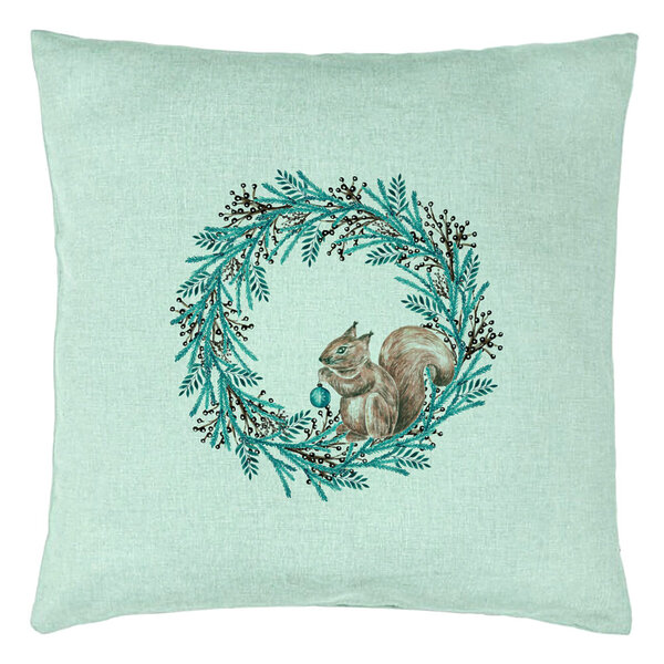 Perna Decorativa Coronita de Craciun si Veverita, 40x40 cm, Verde Menta, Husa Detasabila, Burduf 15 Perna Decorativa Coronita de Craciun si Veverita