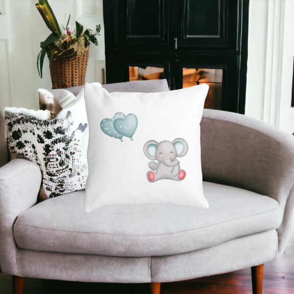 Perna Decorativa Elefant si baloane in forma de inimioare, 40x40 cm, Alba, Mata, Husa Detasabila, Burduf 14 40x40 cm