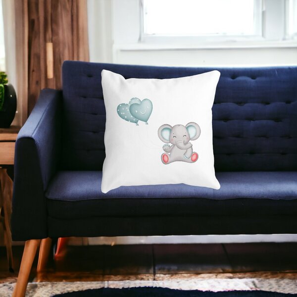 Perna Decorativa Elefant si baloane in forma de inimioare, 40x40 cm, Alba, Mata, Husa Detasabila, Burduf 16 Mata