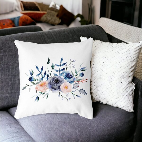 Perna Decorativa, Florale Albastre, 40x40 cm, Alba, Mata, Husa Detasabila, Burduf 15 40x40 cm