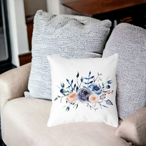 Perna Decorativa, Florale Albastre, 40x40 cm, Alba, Mata, Husa Detasabila, Burduf 16 Alba