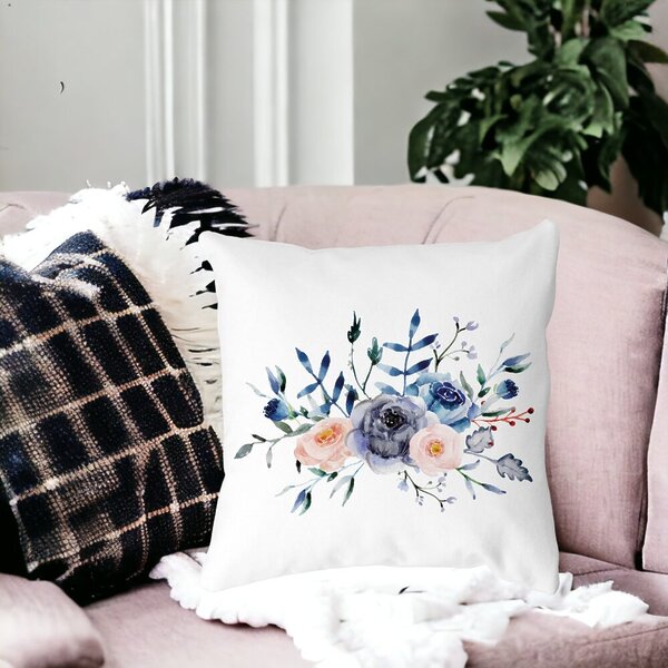 Perna Decorativa, Florale Albastre, 40x40 cm, Alba, Mata, Husa Detasabila, Burduf 17 Mata