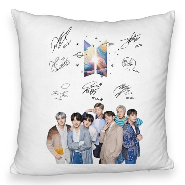 Perna Decorativa Fluffy BTS Army cu Geci cu Semnaturi, 40x40 cm, Husa Detasabila, Burduf 3 Perna Decorativa Fluffy BTS Army cu Geci cu Semnaturi
