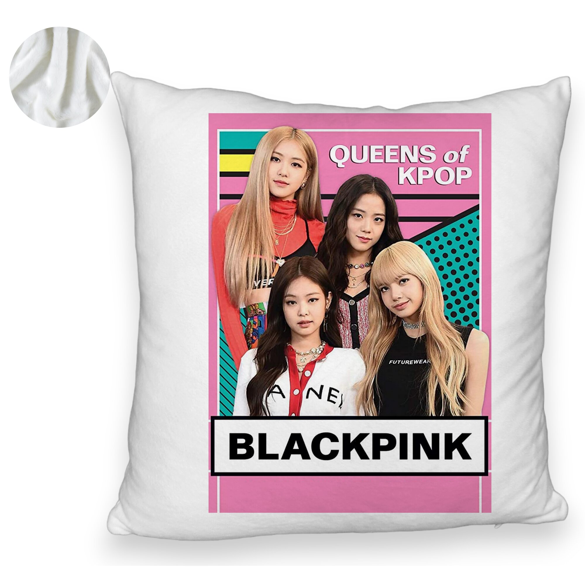 Perna Decorativa Fluffy, Model Blackpink K-POP, 40x40 cm, Alba, Husa Detasabila, Burduf 6 Model Blackpink K-POP