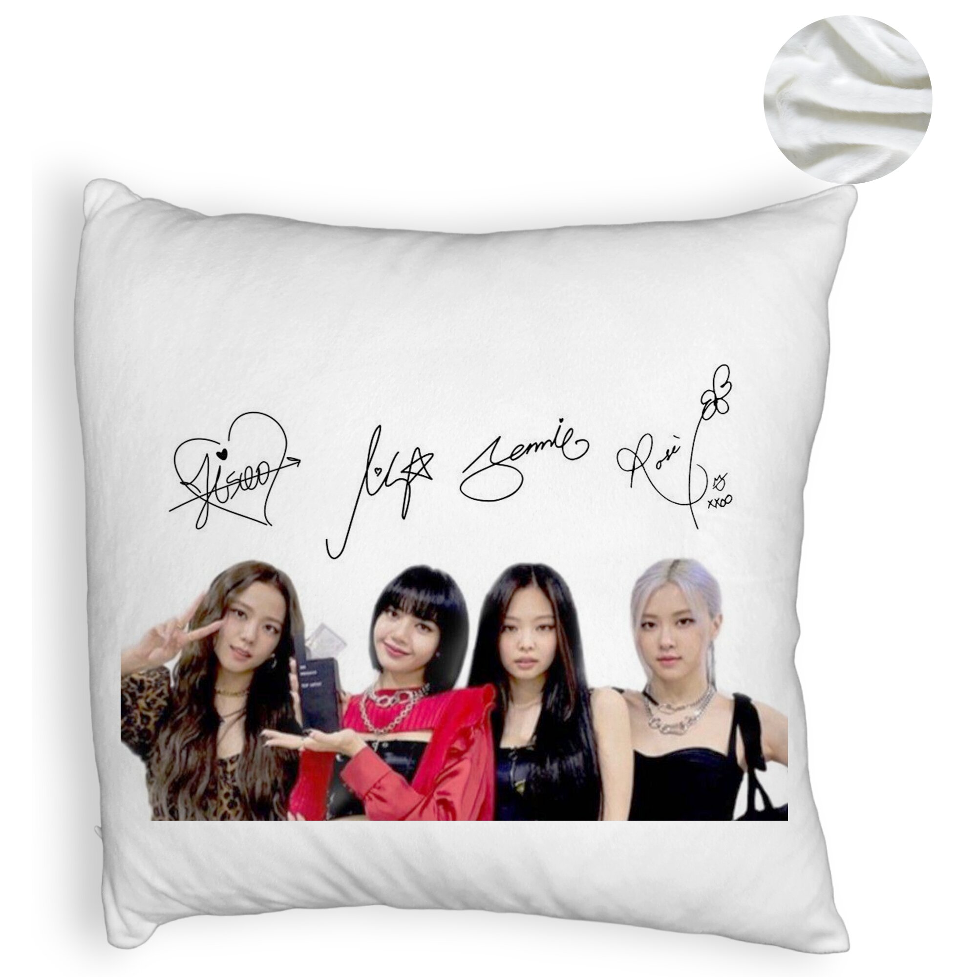 Perna Decorativa Fluffy, Model Blackpink K-POP semnaturi, 40x40 cm, Alba, Husa Detasabila, Burduf 15 Husa Detasabila