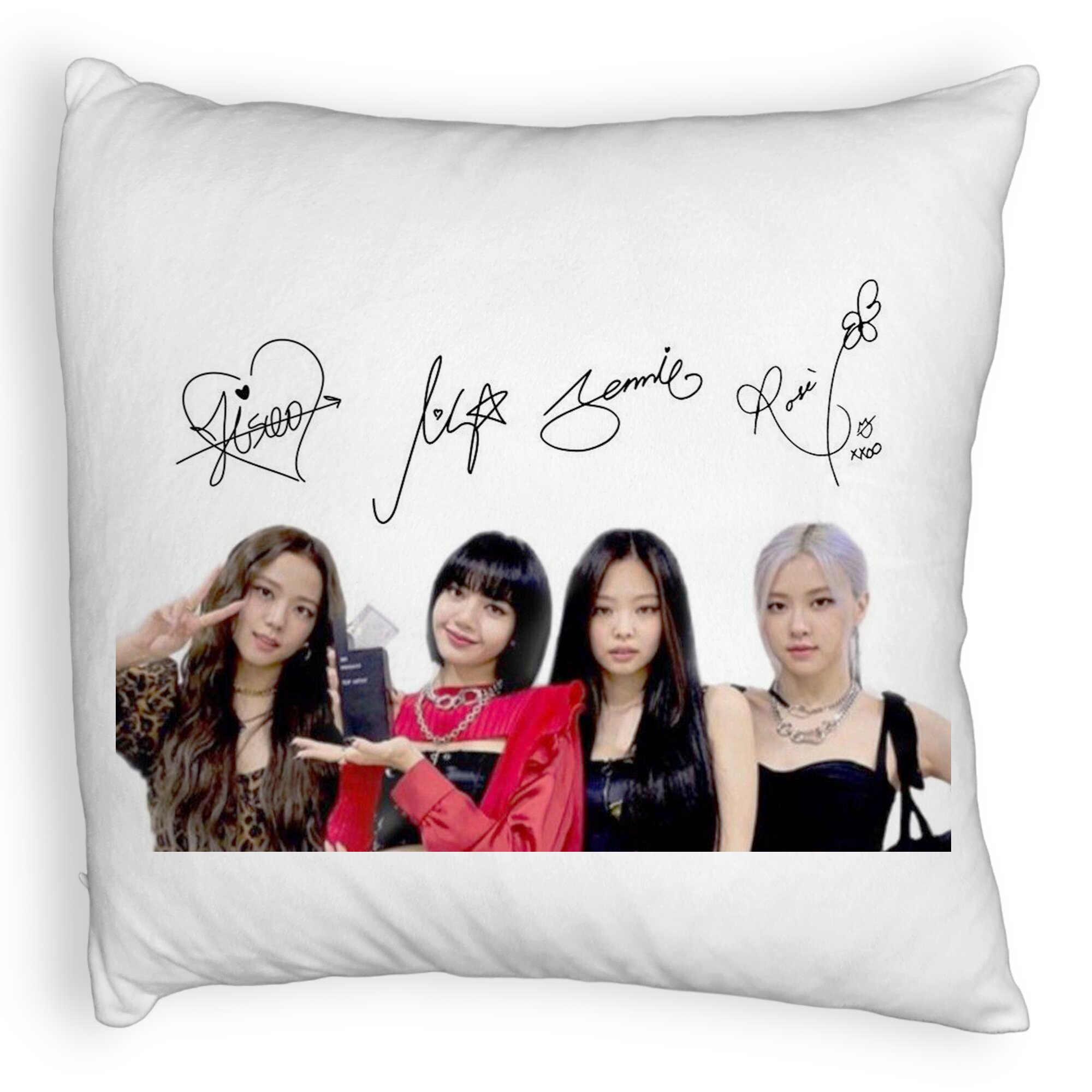 Perna Decorativa Fluffy, Model Blackpink K-POP semnaturi, 40x40 cm, Alba, Husa Detasabila, Burduf 11 Perna Decorativa Fluffy