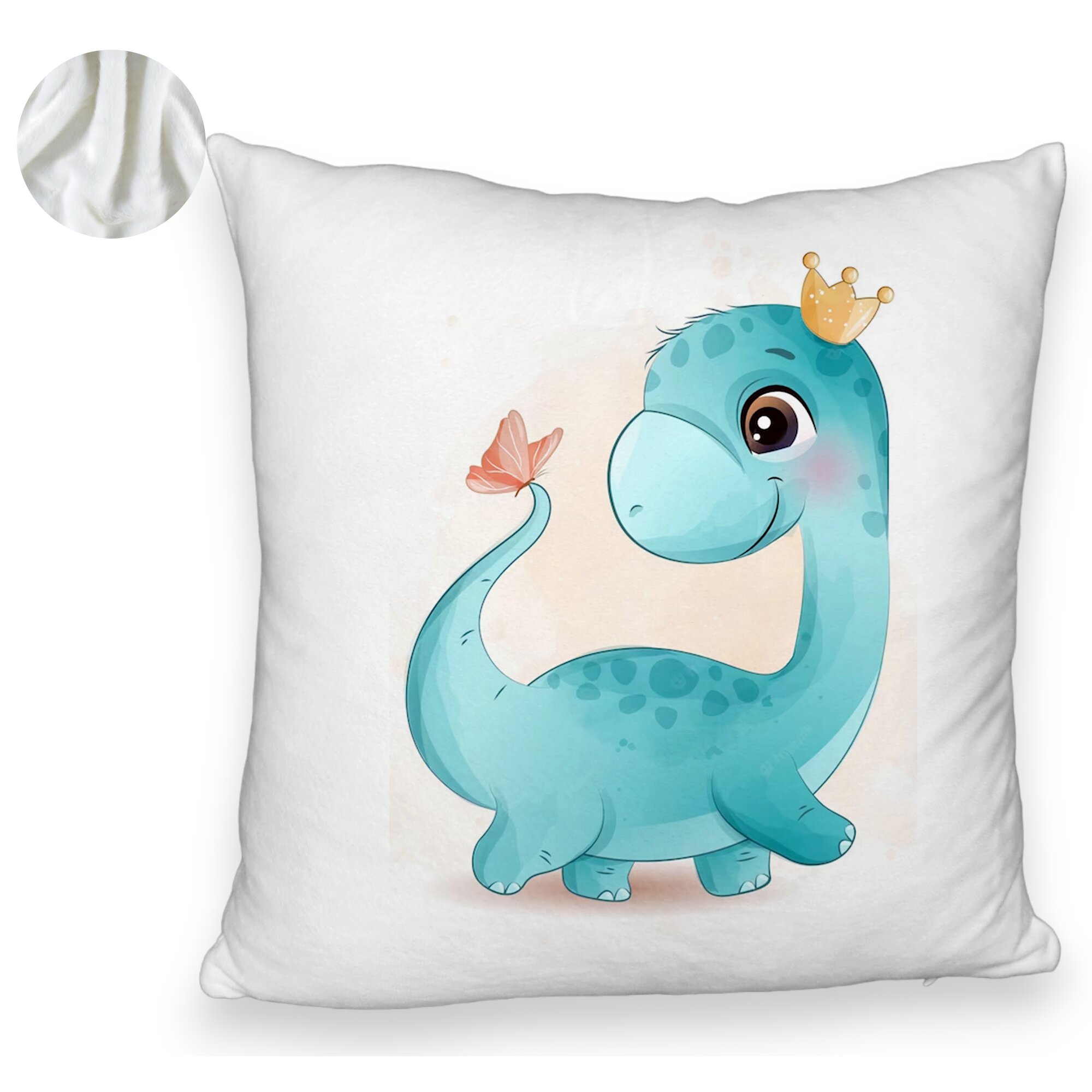 Perna Decorativa Fluffy, Model Blue Baby Dinozaur, 40x40 cm, Alba, Husa Detasabila, Burduf 6 Model Blue Baby Dinozaur