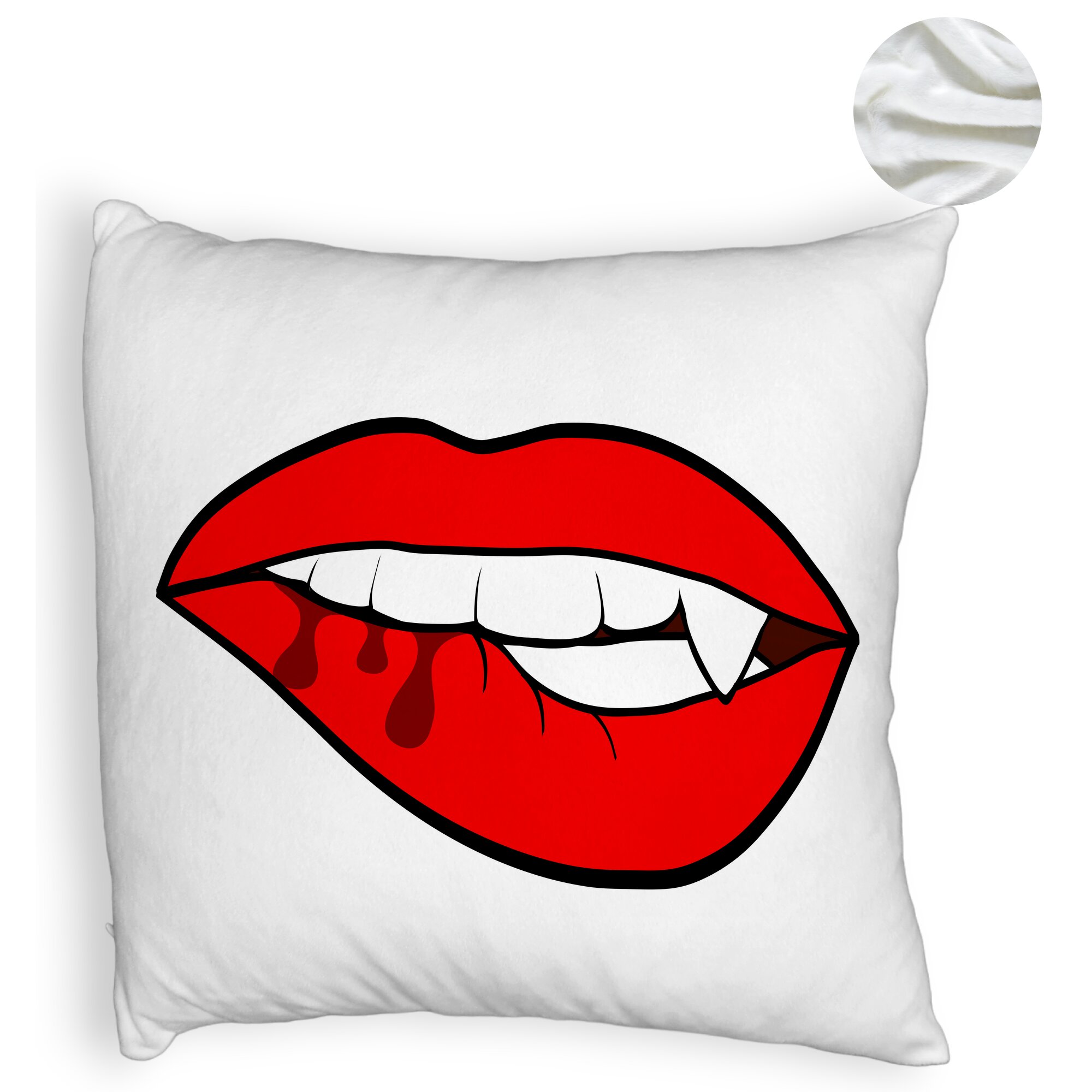 Perna Decorativa Fluffy, Model Buze Femeie si Dinte de Vampir, 40x40 cm, Alba, Husa Detasabila, Burduf 6 Model Buze Femeie si Dinte de Vampir