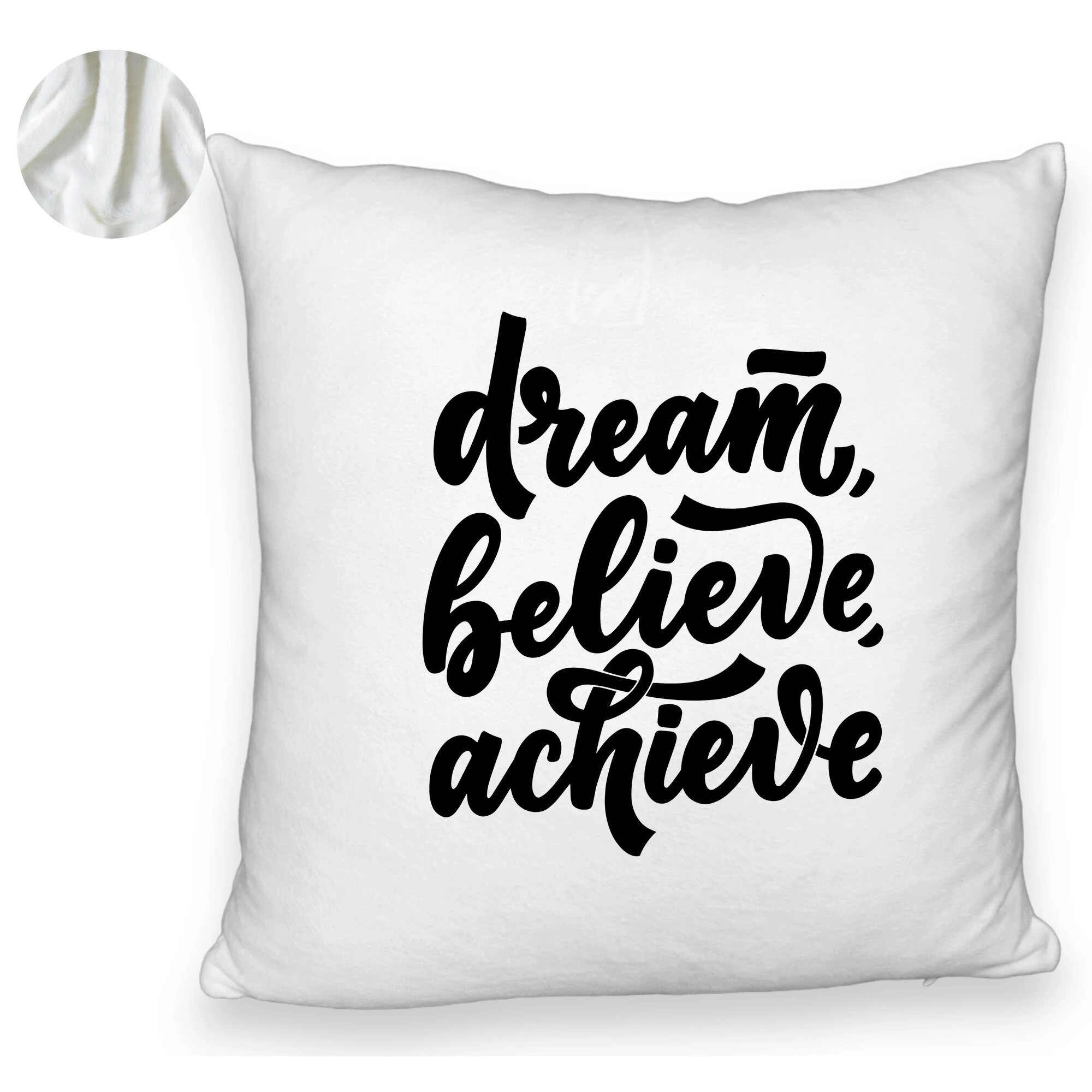 Perna Decorativa Fluffy, Model Dream Believe Achieve, 40x40 cm, Alba, Husa Detasabila, Burduf 6 Model Dream Believe Achieve