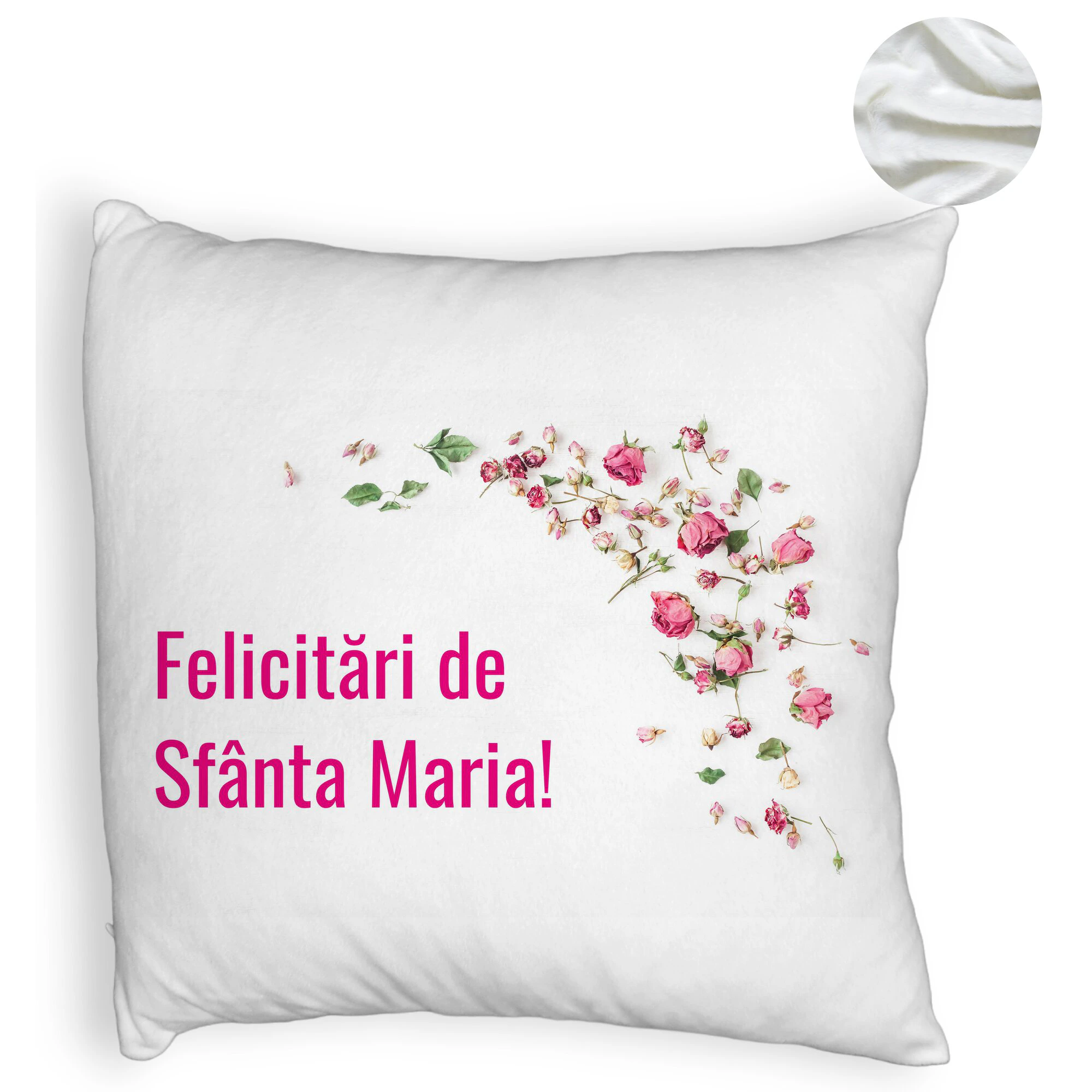 Perna Decorativa Fluffy, Model Felicitari de Sfanta Maria, 40x40 cm, Alba, Husa Detasabila, Burduf 6 Model Felicitari de Sfanta Maria