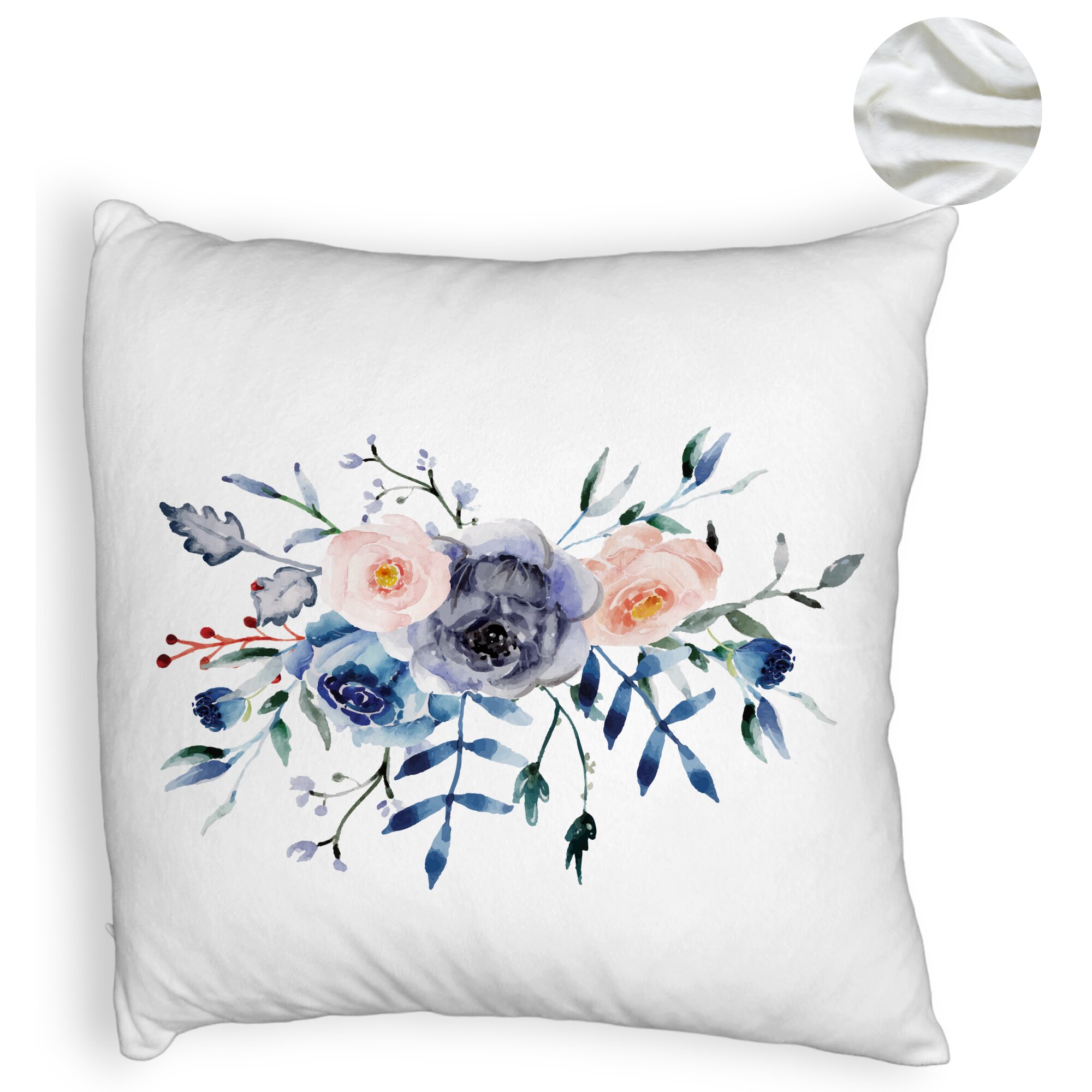 Perna Decorativa Fluffy, Model Florale Albastre, 40x40 cm, Alba, Husa Detasabila, Burduf 6 Model Florale Albastre