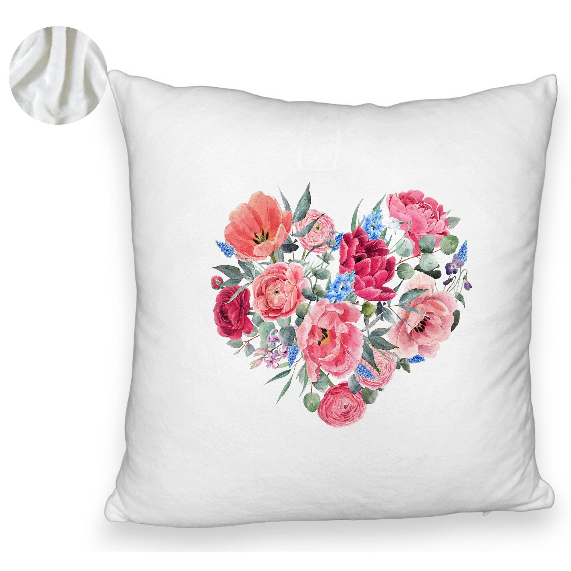 Perna Decorativa Fluffy, Model Heart of Flowers, 40x40 cm, Alba, Husa Detasabila, Burduf 6 Model Heart of Flowers