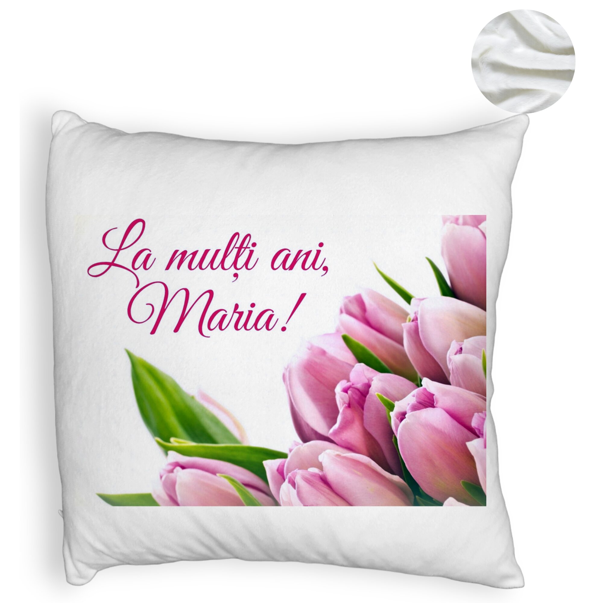Perna Decorativa Fluffy, Model La multi ani Maria, 40x40 cm, Alba, Husa Detasabila, Burduf 6 Model La multi ani Maria
