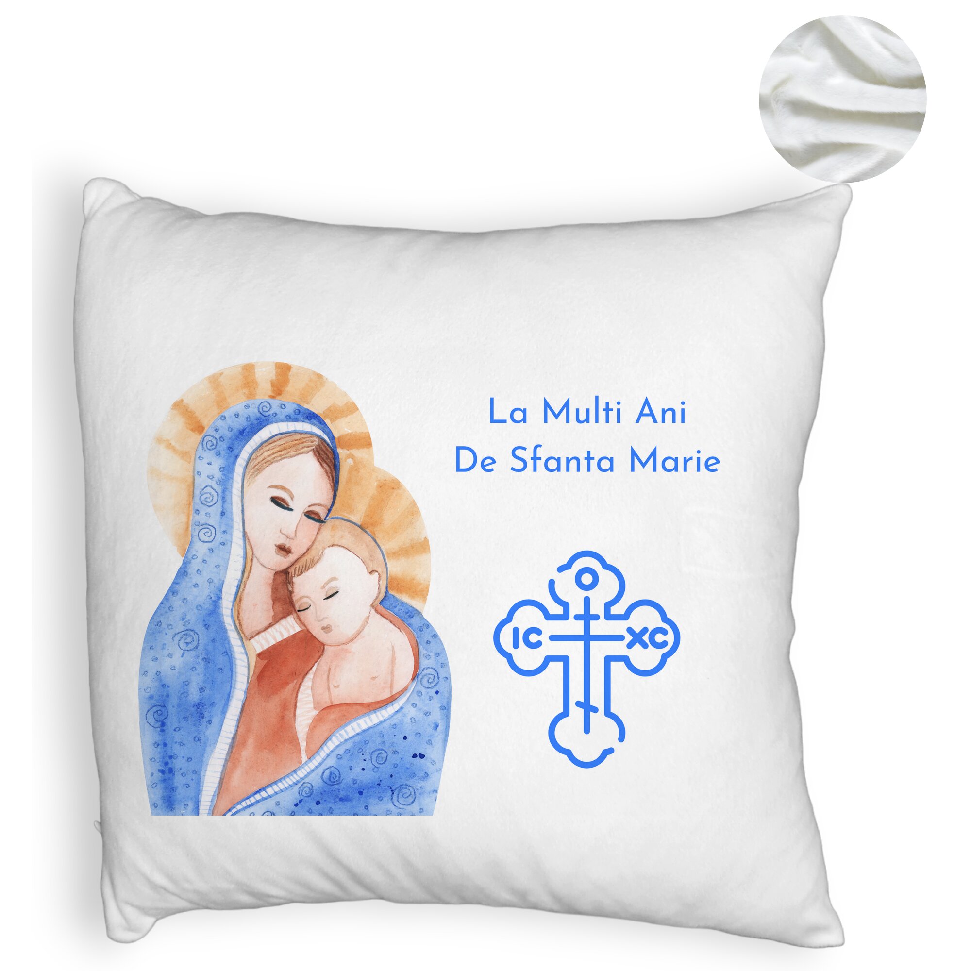 Perna Decorativa Fluffy, Model La multi ani de Sfanta Maria, 40x40 cm, Alba, Husa Detasabila, Burduf 6 Model La multi ani de Sfanta Maria