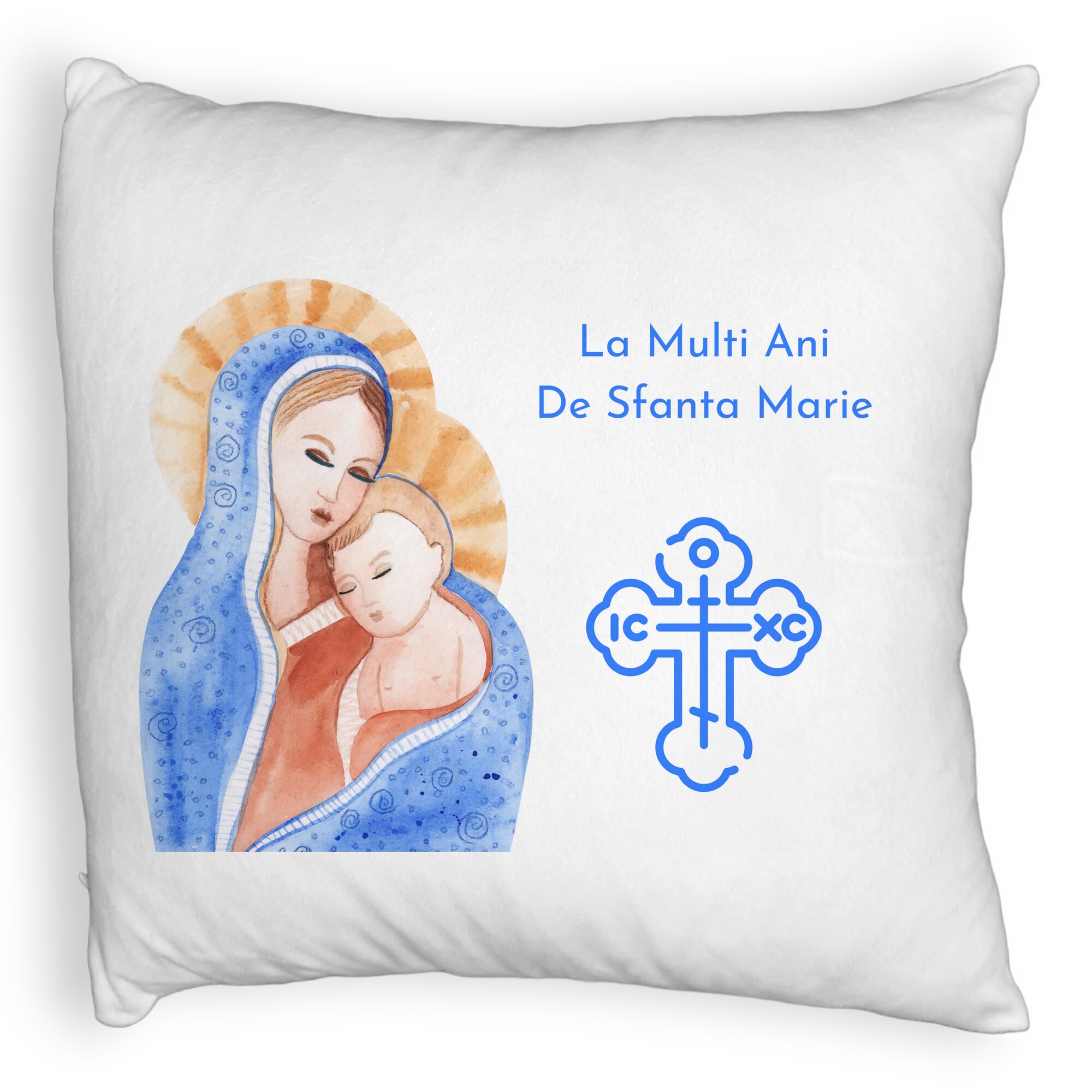 Perna Decorativa Fluffy, Model La multi ani de Sfanta Maria, 40x40 cm, Alba, Husa Detasabila, Burduf 5 Perna Decorativa Fluffy
