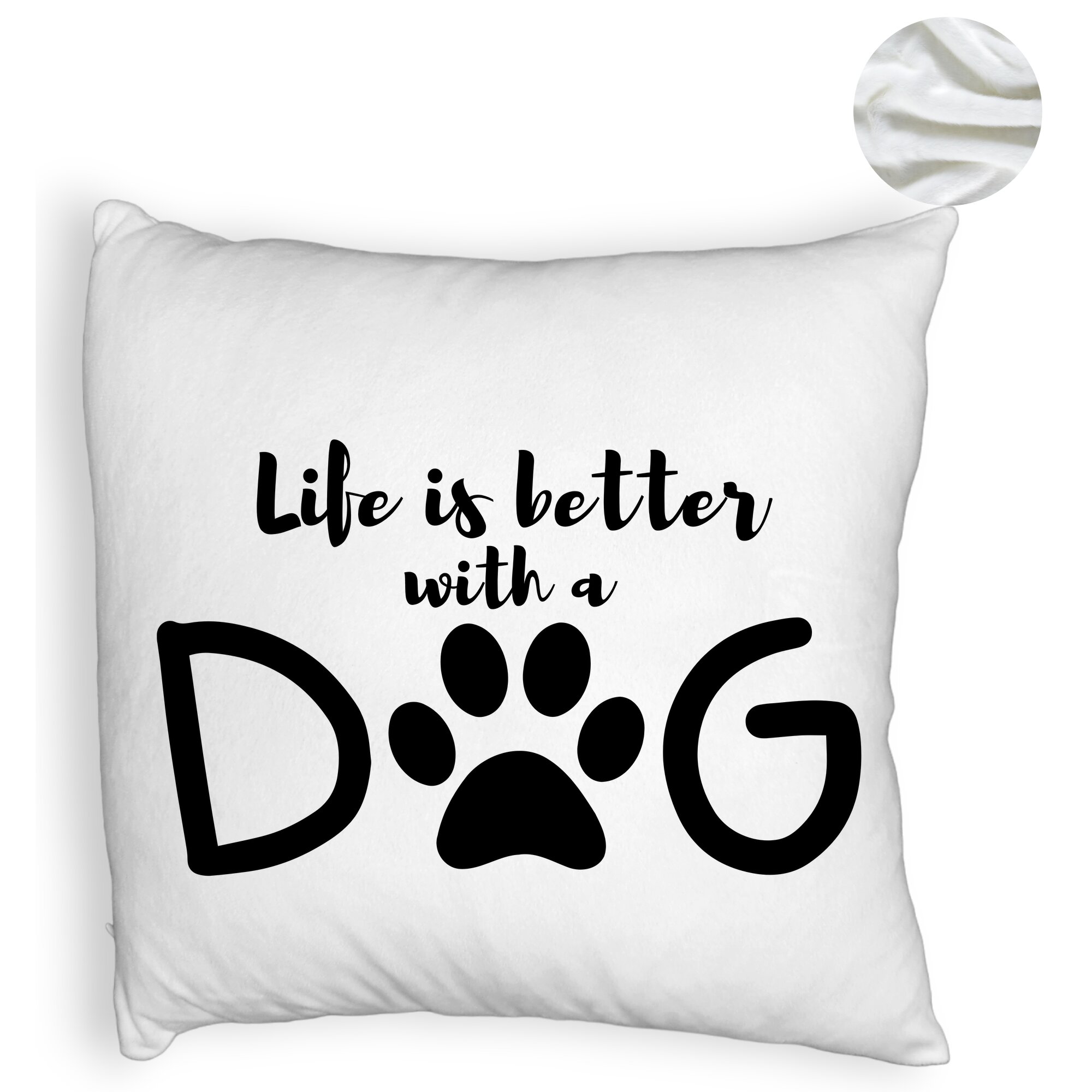 Perna Decorativa Fluffy, Model Life is better with a Dog, 40x40 cm, Alba, Husa Detasabila, Burduf 5 Perna Decorativa Fluffy