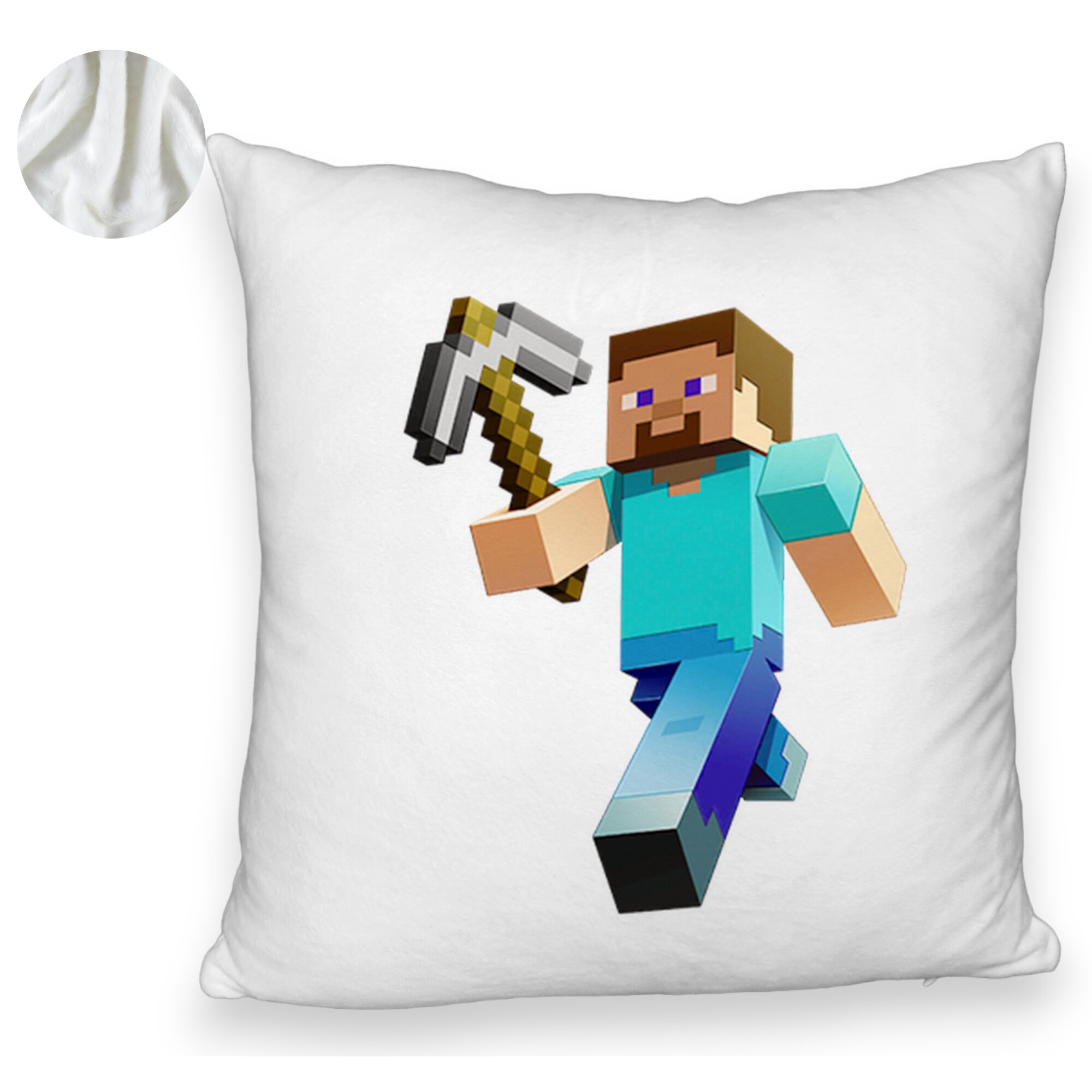 Perna Decorativa Fluffy, Model Minecraft Mining Steve, 40x40 cm, Alba, Husa Detasabila, Burduf 6 Model Minecraft Mining Steve
