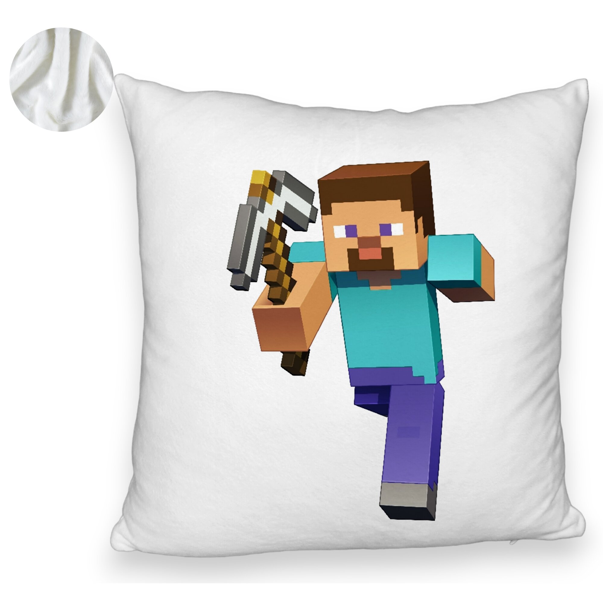 Perna Decorativa Fluffy, Model Minecraft Mining Steve 8bit, 40x40 cm, Alba, Husa Detasabila, Burduf 6 Model Minecraft Mining Steve 8bit