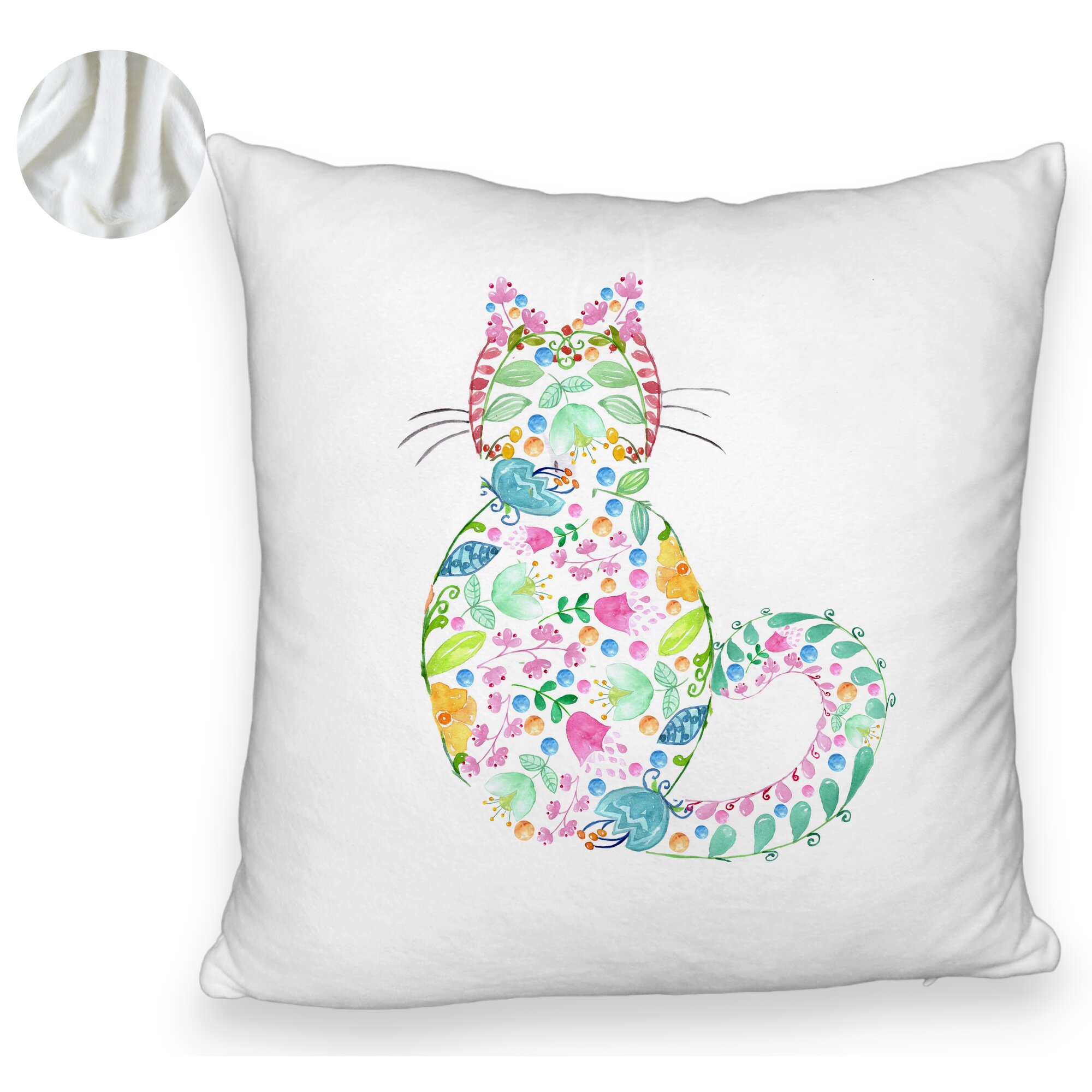 Perna Decorativa Fluffy, Model Pisica cu Flori, Multicolor, 40x40 cm, Alba, Husa Detasabila, Burduf 6 Model Pisica cu Flori