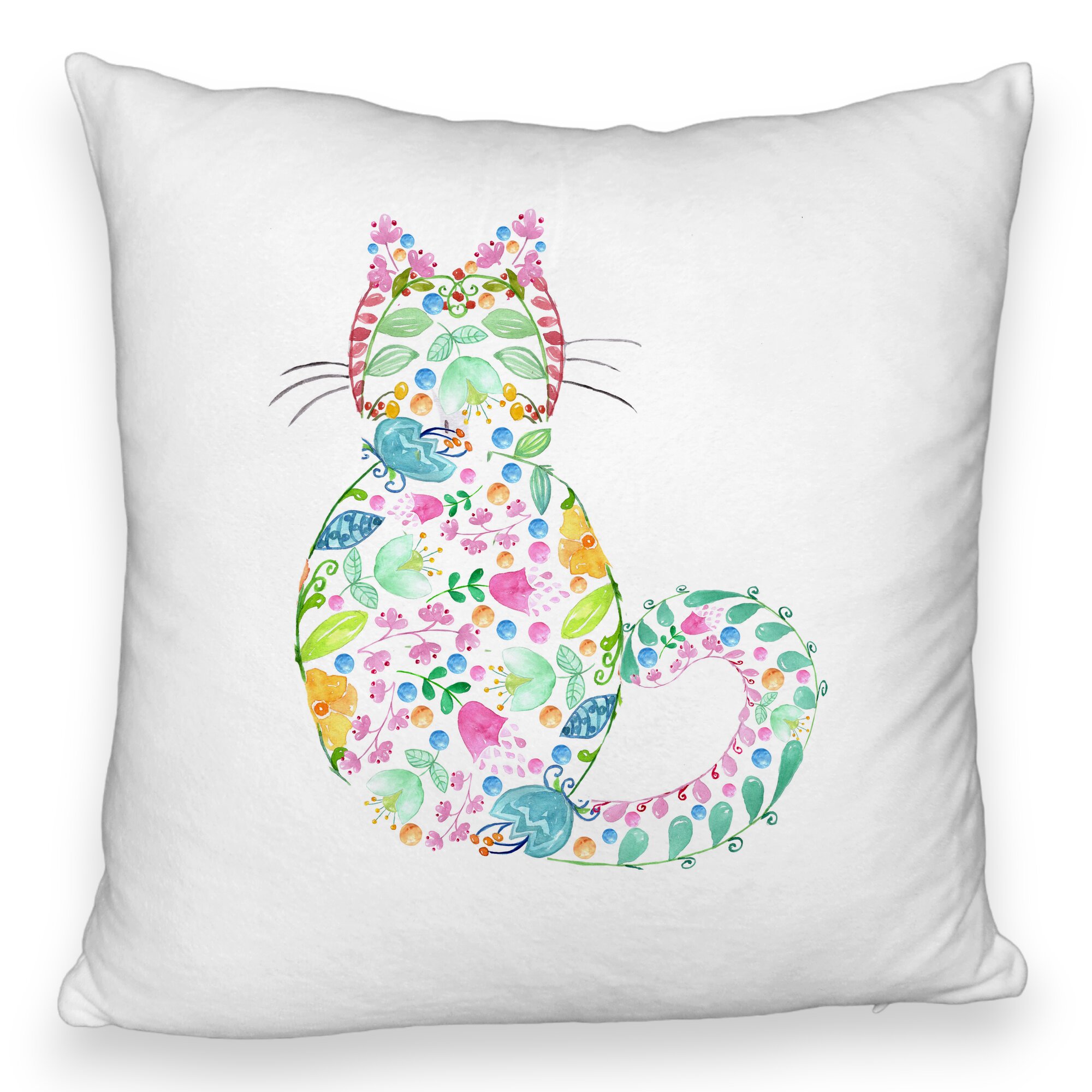 Perna Decorativa Fluffy, Model Pisica cu Flori, Multicolor, 40x40 cm, Alba, Husa Detasabila, Burduf 5 Perna Decorativa Fluffy