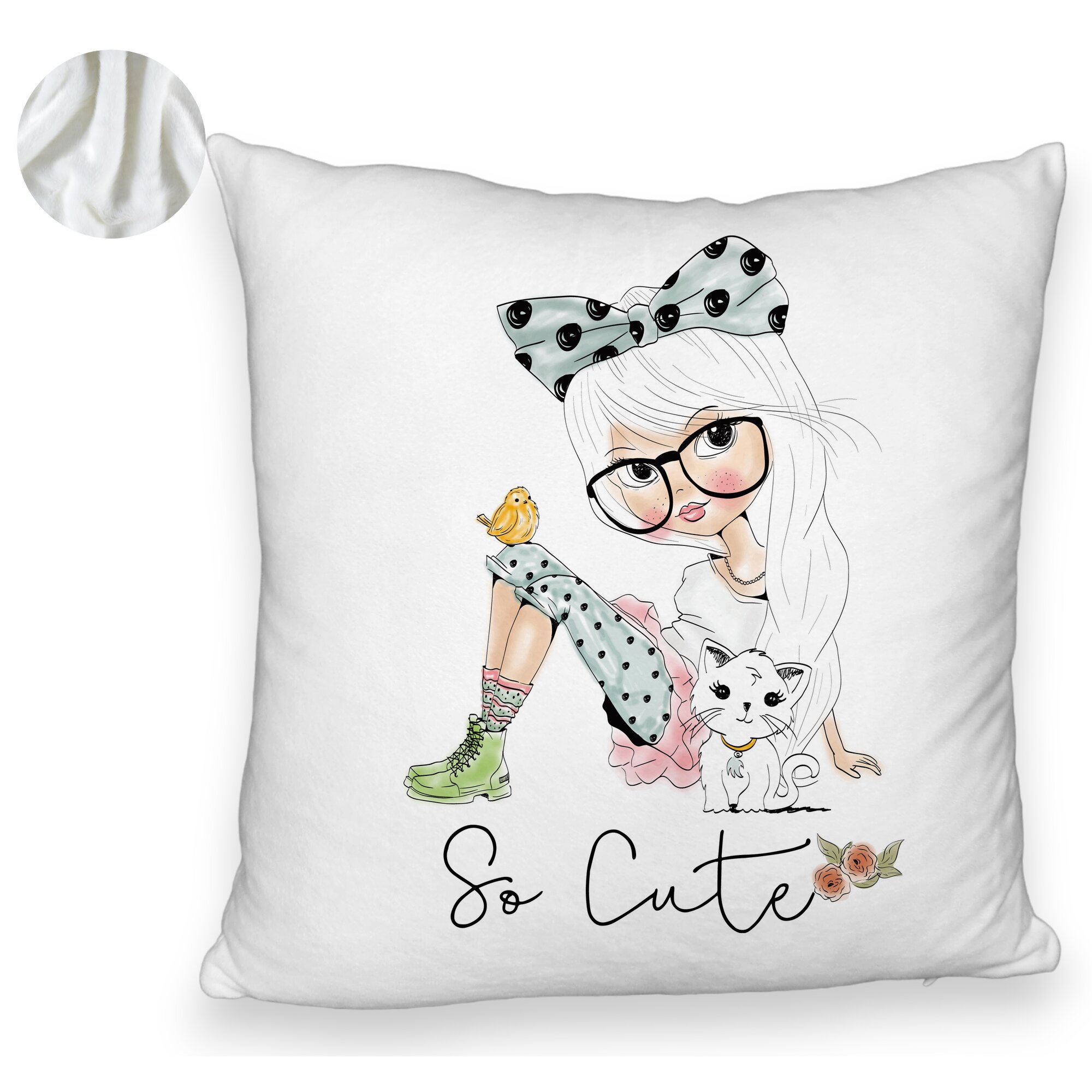 Perna Decorativa Fluffy, Model So Cute, 40x40 cm, Alba, Husa Detasabila, Burduf 6 Model So Cute