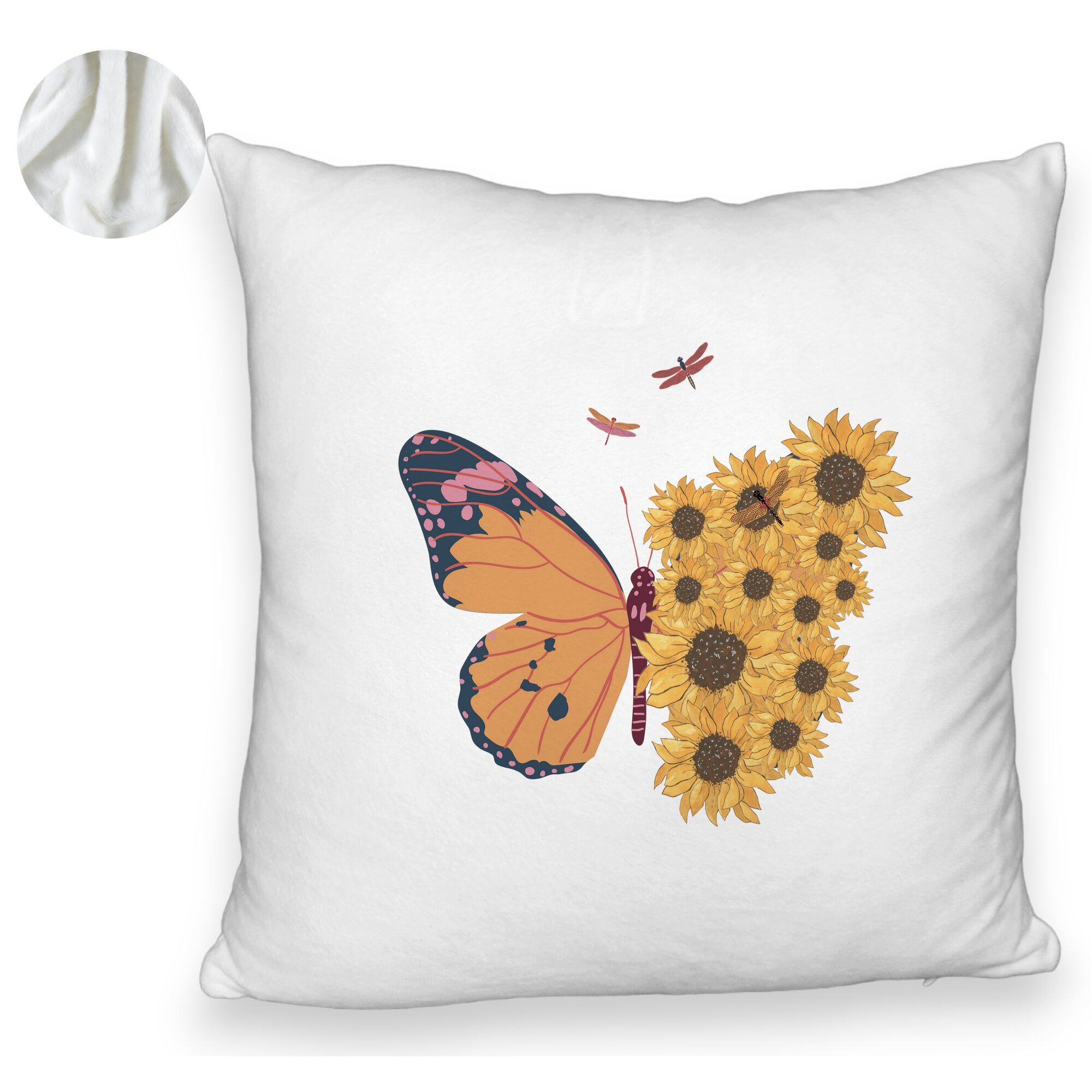 Perna Decorativa Fluffy, Model SunFlower Butterfly, 40x40 cm, Alba, Husa Detasabila, Burduf 6 Model SunFlower Butterfly