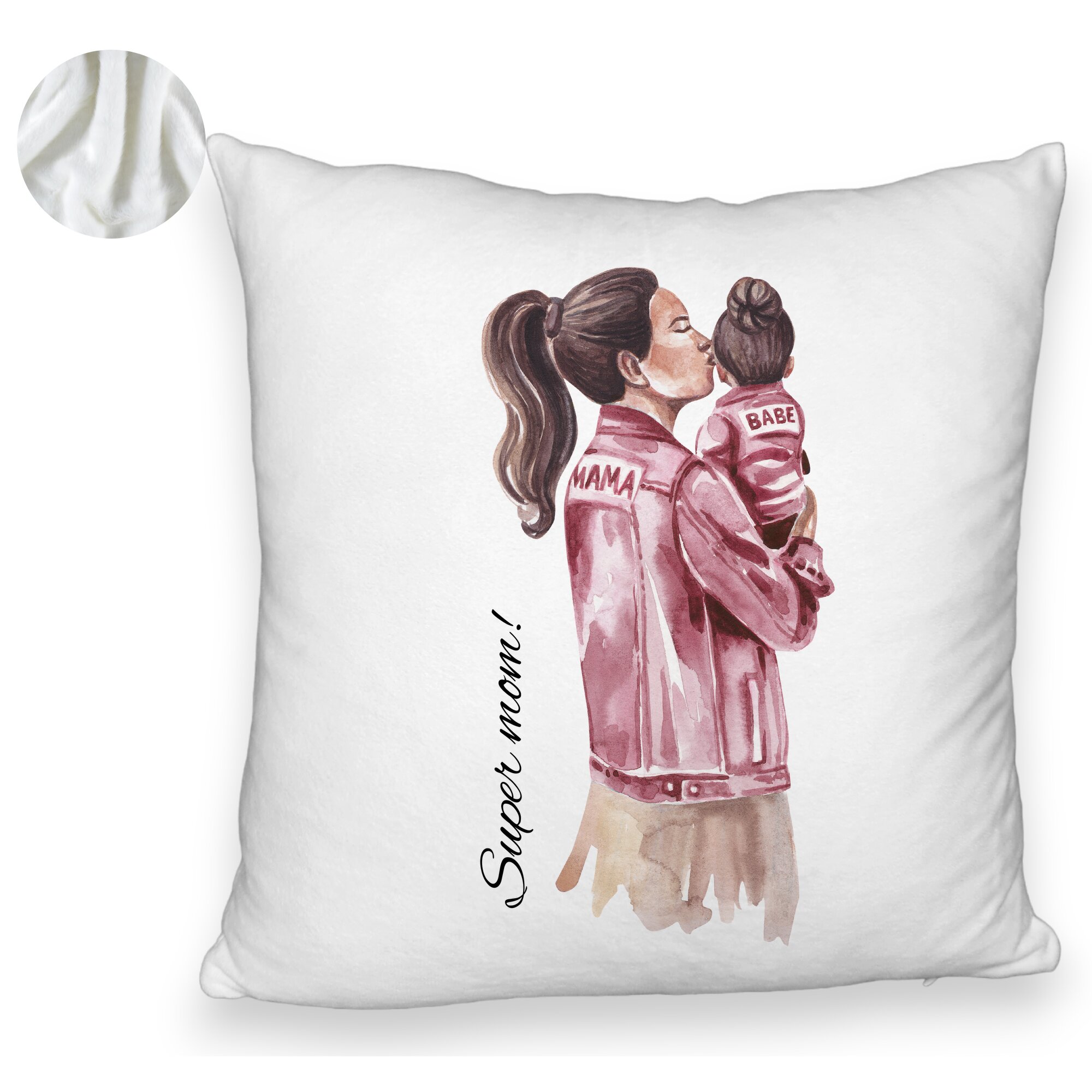 Perna Decorativa Fluffy, Model Super Mom & Babe, 40x40 cm, Alba, Husa Detasabila, Burduf 6 Model Super Mom & Babe