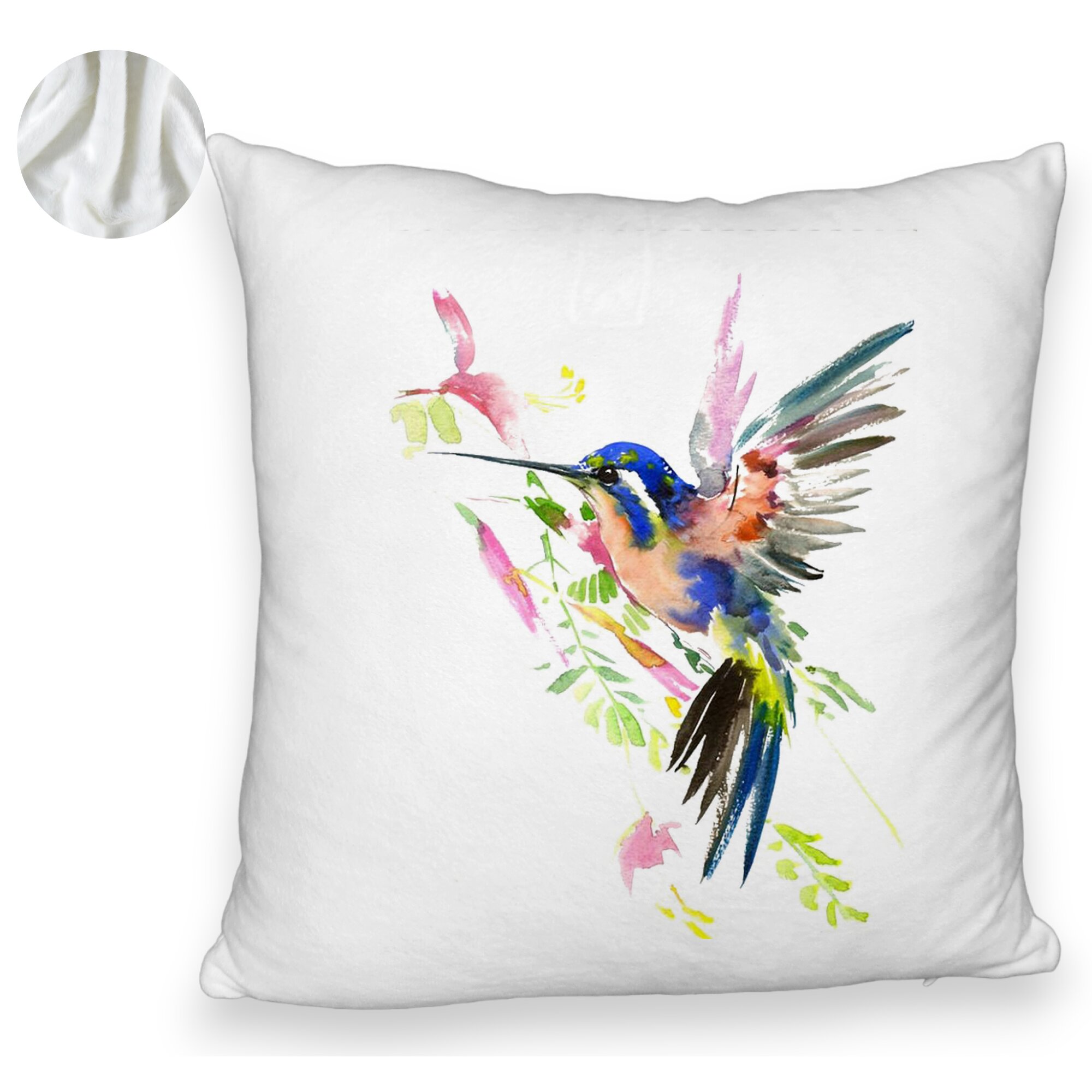 Perna Decorativa Fluffy, Model Watercolor Birds, 40x40 cm, Alba, Husa Detasabila, Burduf 6 Model Watercolor Birds