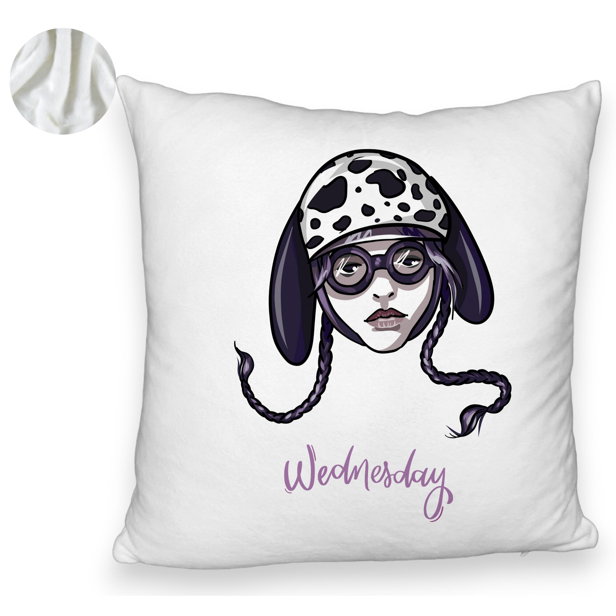 Perna Decorativa Fluffy, Model Wednesday Addams 1, 40x40 cm, Alba, Husa Detasabila, Burduf 6 Model Wednesday Addams 1