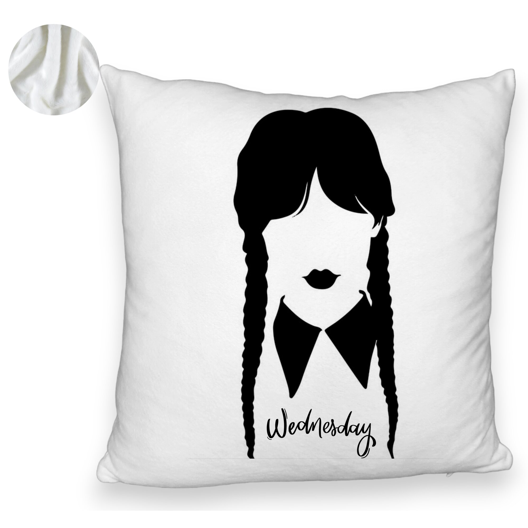 Perna Decorativa Fluffy, Model Wednesday Addams 2, 40x40 cm, Alba, Husa Detasabila, Burduf 6 Model Wednesday Addams 2