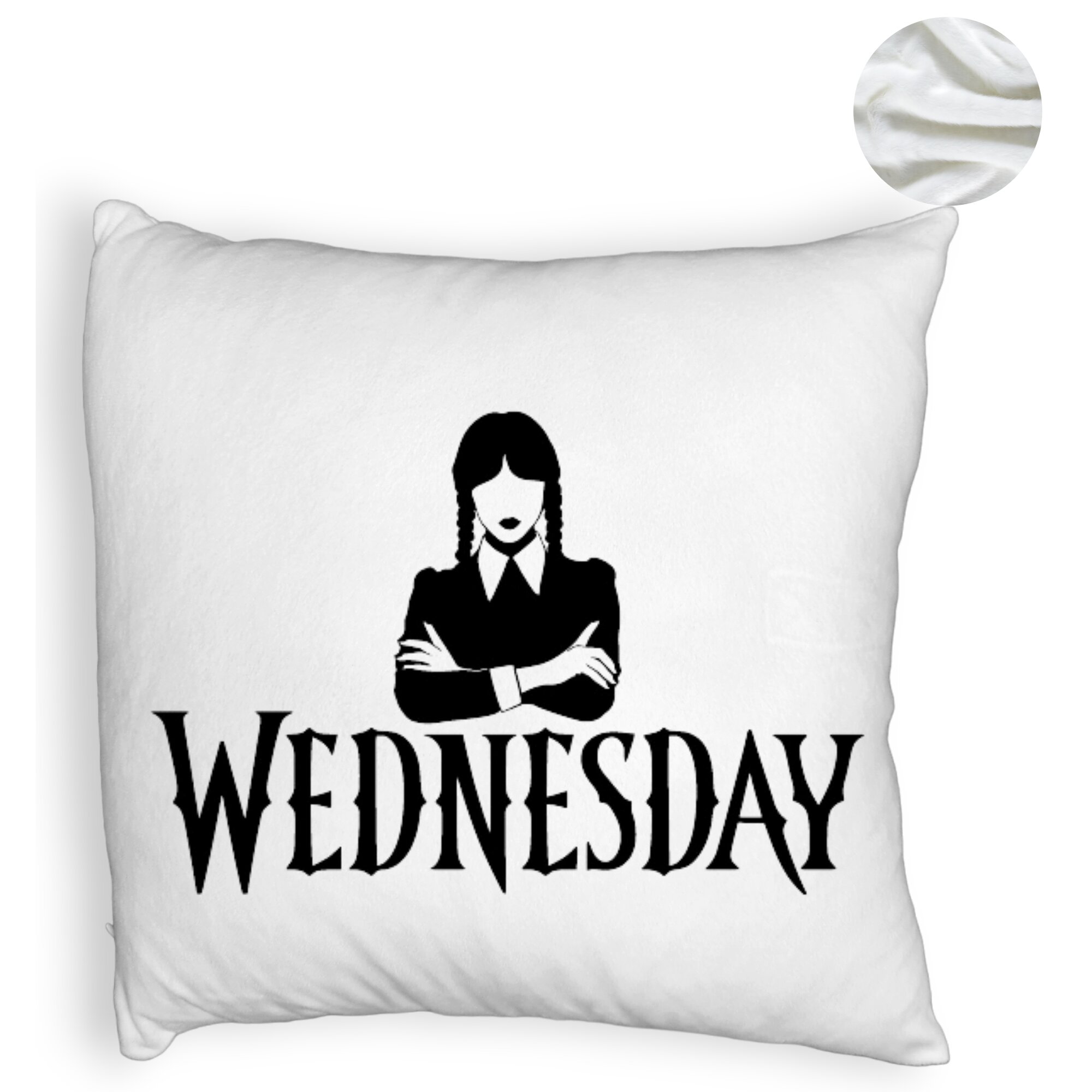 Perna Decorativa Fluffy, Model Wednesday Addams 4, 40x40 cm, Alba, Husa Detasabila, Burduf 6 Model Wednesday Addams 4