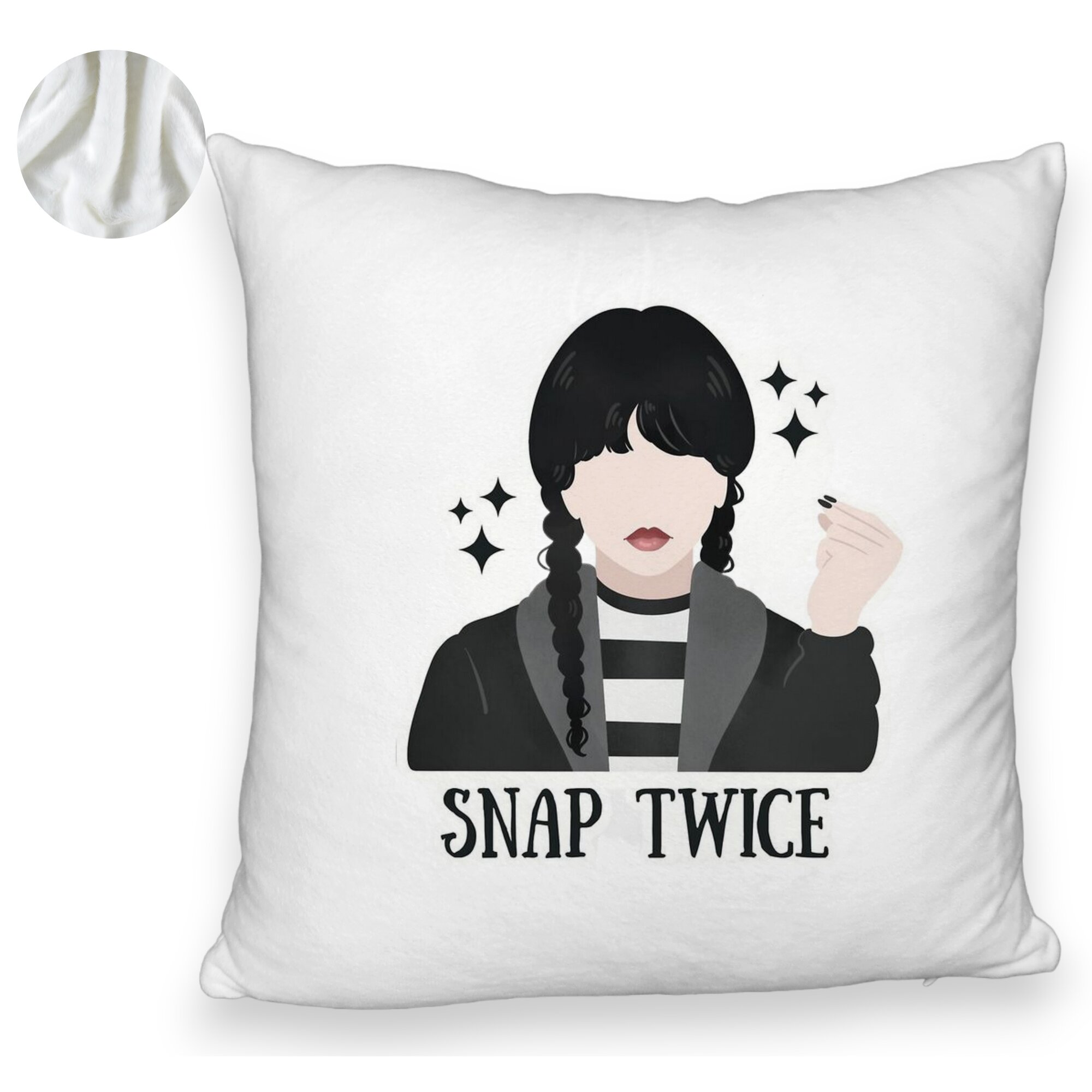 Perna Decorativa Fluffy, Model Wednesday Addams 6, 40x40 cm, Alba, Husa Detasabila, Burduf 6 Model Wednesday Addams 6